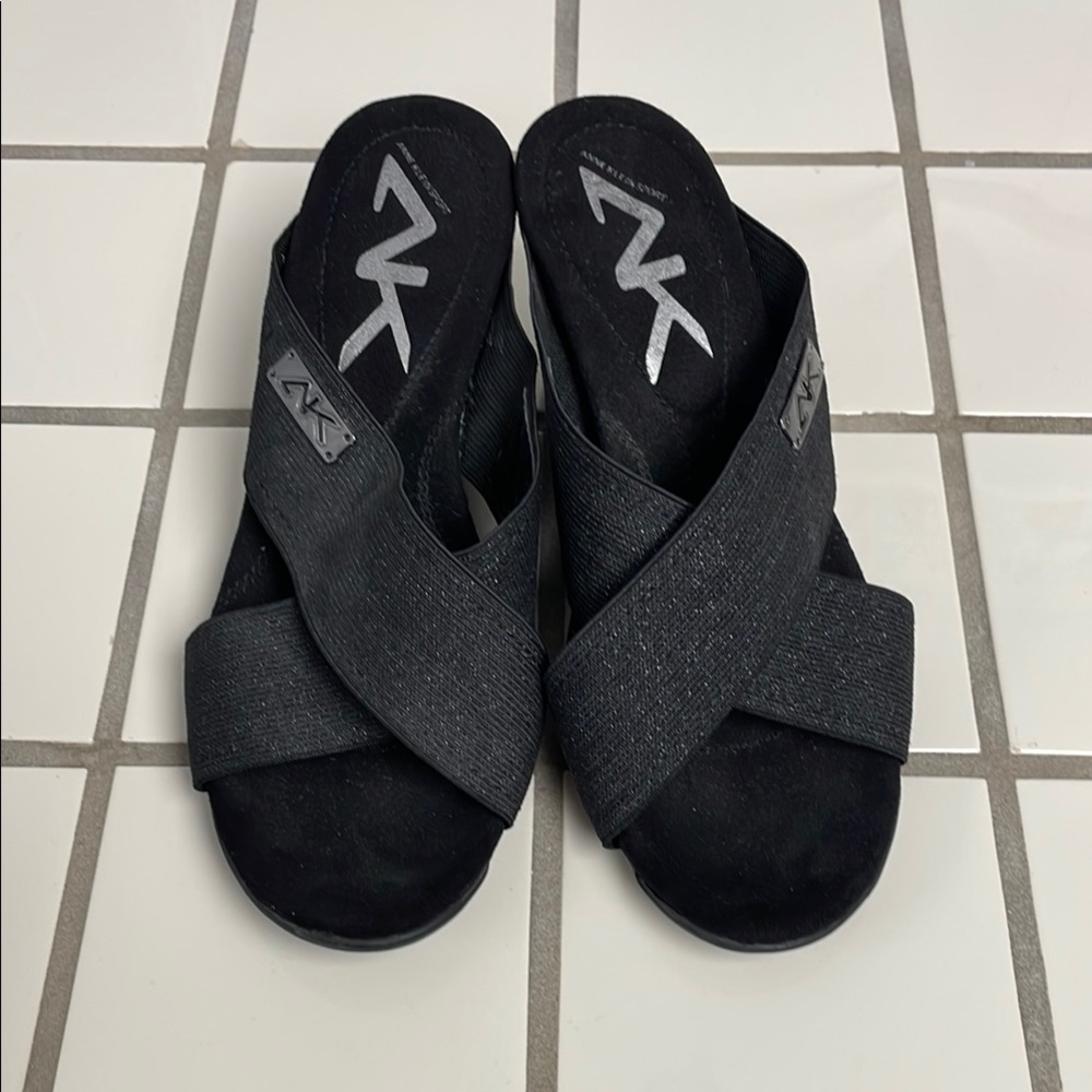 Anne Klein Black Slide Sandals Criss-Cross Design &